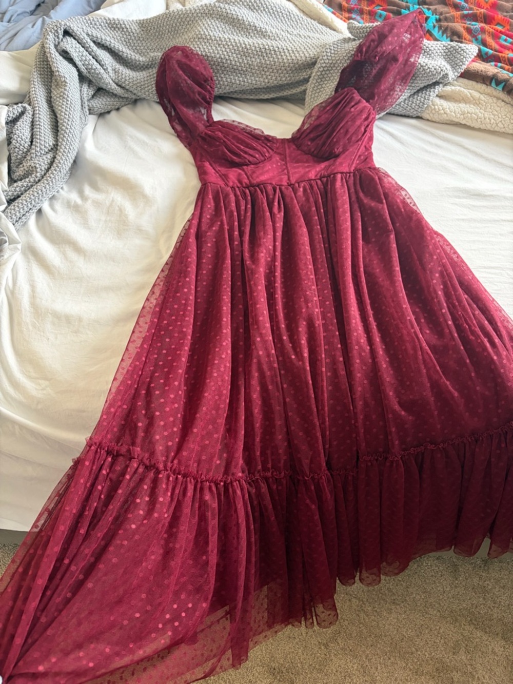 Lulu's Burgundy Polka Dot Mesh Midi Dress